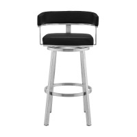 Swivel Barstool with Curved Open Back and Metal Legs, Black and Silver