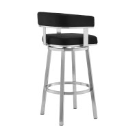 Swivel Barstool with Curved Open Back and Metal Legs, Black and Silver