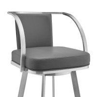 Metal Swivel Barstool with Open Curved Frame Arms, Gray and Silver