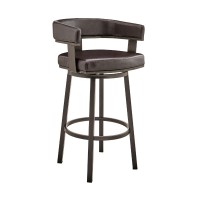 Swivel Barstool with Curved Open Back and Metal Legs, Dark Brown