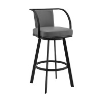 Metal Swivel Barstool with Open Curved Frame Arms, Gray and Black