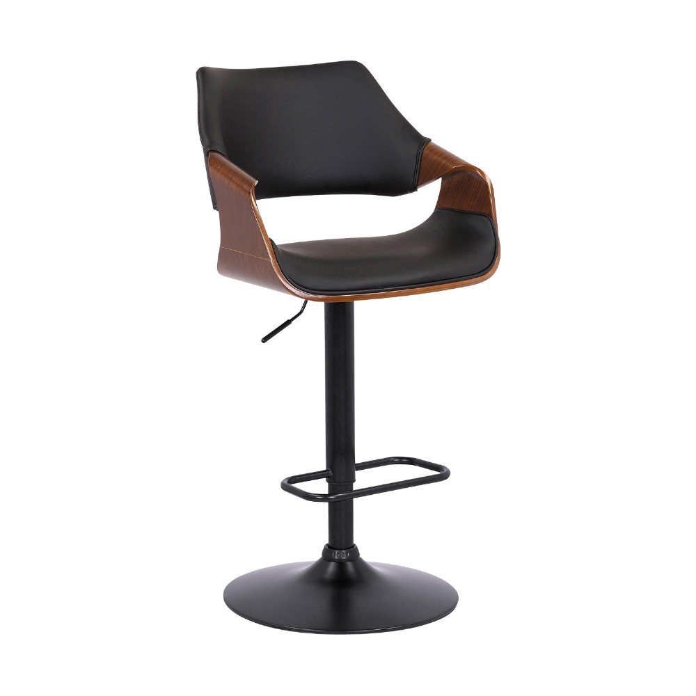 Adjustable Barstool with Faux Leather and Wooden Support, Black