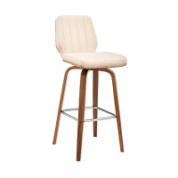 Swivel Barstool with Channel Stitching and Wooden Support, Cream and Brown