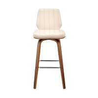 Swivel Barstool with Channel Stitching and Wooden Support, Cream and Brown
