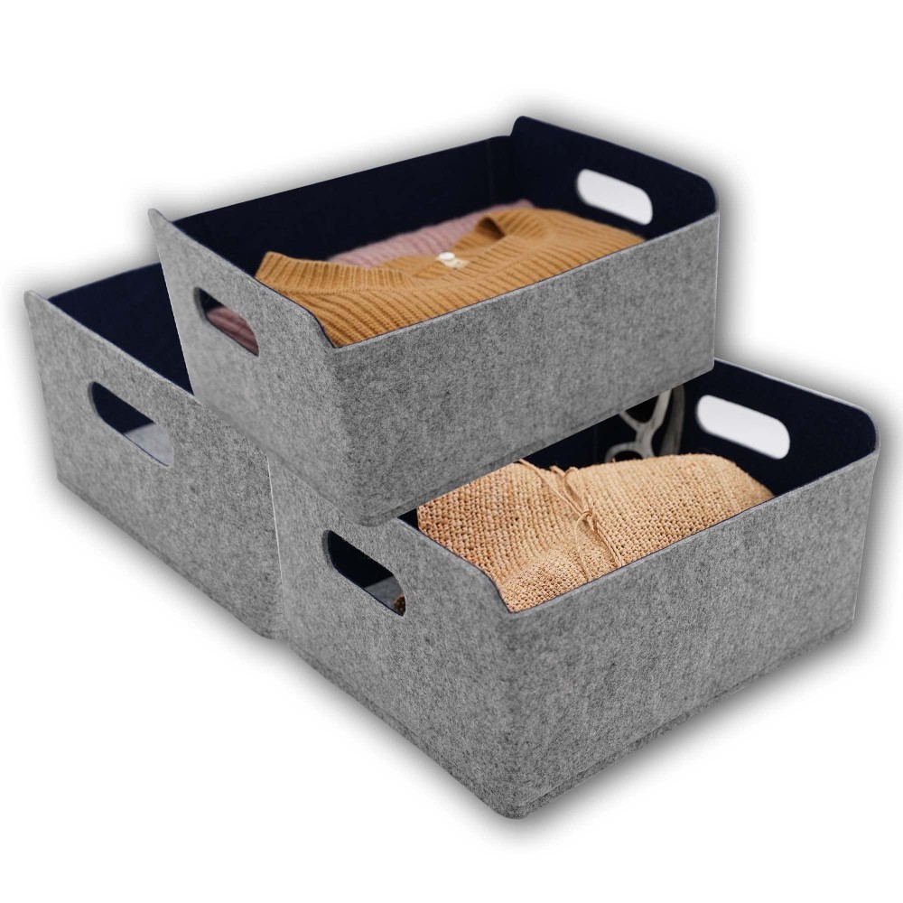 Welaxy Storage Baskets Felt Foldable Cube Bin Shelf Bins Organizer Felt Box For Kids Toys Magazine Books Clothes For Office Bedroom Closet Babies Nursery (Navy X 3)