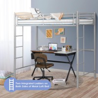 Giantex Metal Loft Bed Twin Size, Heavy Duty Loft Bed Frame With 2 Ladders, Twin Over Loft Bunk Bed With Full-Length Guard, Space-Saving Bed Frame For Kids Teens Adults, No Box Spring Needed (Silver)