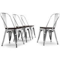 Belleze Metal Dining Chairs Set Of 4, Stackable Metal Chairs Vintage Farmhouse Chairs With Detachable Backrest And Wood Seat, Weather Resistant Tolix Chair For Indoor Outdoor - Alexander (Gunmetal)
