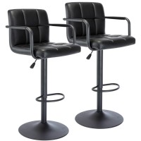 Vogue Furniture Direct Modern Pu Leather Square Bar Stools, Adjustable Swivel Barstools With Back And Arms, Airlift Counter Height Chairs For Kitchen Dining Pub Cafe Set Of 2 (Black, Black Base)