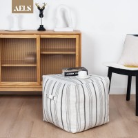 AELS Unstuffed Farmhouse Pouf Cover for Living Room, Storage Bean Bag Cubes, Off White & Gray Stripes Linen Square Ottoman Pouf Foot Rest Footstool, 18