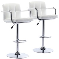 Vogue Furniture Direct Modern Pu Leather Square Bar Stools, Adjustable Swivel Barstools With Back And Arms, Airlift Counter Height Chairs For Kitchen Dining Pub Cafe Set Of 2 (Pearl White)