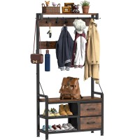 Lulive Hall Tree, 31??Entryway Bench With Coat Rack Freestanding, 5 In 1 Intelligent Design Shoe Bench And Wall Rack 17 Hooks And Drawers (Rustic Brown)