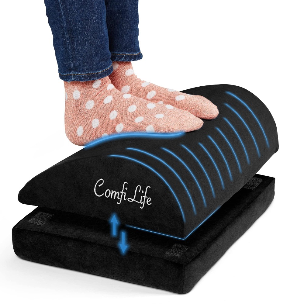 Comfilife Foot Rest For Under Desk At Work - Adjustable Desk Footrest For Office Chair, Gaming Accessories - Ergonomic Teardrop Design For Back, Hip & Leg Pain Relief - 100% Memory Foam (Black)