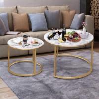 Vilawlence Round Coffee Table Set Of 2 Modern Nesting Golden Frame Circular And Marble Pattern Wooden Stacking Accent Coffee Tables Metal Frame For Apartment Living, White