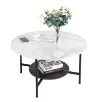 Wisfor Marble Tabletop Sofa Coffee Table: 2 Tier Round White Sintered Stone Center Table With Black Fram For Living Room, 31.5