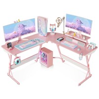 Motpk Pink Gaming Desk L Shaped, 51 Inch Gamer Desk Gaming Table With Carbon Fiber Texture, Corner Computer Desk L Shape With Monitor Stand & Cup Holder & Headphone Hook, For Women & Girls Gift