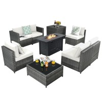 Tangkula 9 Pieces Patio Rattan Furniture Set, Patiojoy Sectional Sofa Set W/Storage Box, Coffee Table, Outdoor Wicker Conversation Set W/ 42??Etl Approved Propane Fire Pit Table (White)