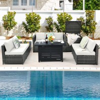 Tangkula 9 Pieces Patio Rattan Furniture Set, Patiojoy Sectional Sofa Set W/Storage Box, Coffee Table, Outdoor Wicker Conversation Set W/ 42??Etl Approved Propane Fire Pit Table (White)