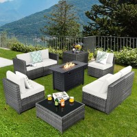 Tangkula 9 Pieces Patio Rattan Furniture Set, Patiojoy Sectional Sofa Set W/Storage Box, Coffee Table, Outdoor Wicker Conversation Set W/ 42??Etl Approved Propane Fire Pit Table (White)