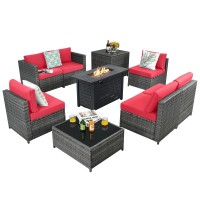 Tangkula 9 Pieces Patio Rattan Furniture Set, Patiojoy Sectional Sofa Set W/Fire Pit Table, Storage Box, Coffee Table, Outdoor Wicker Conversation Set W/ 42??Etl Approved Propane Fire Pit Table (Red)