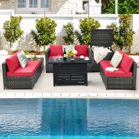 Tangkula 9 Pieces Patio Rattan Furniture Set, Patiojoy Sectional Sofa Set W/Fire Pit Table, Storage Box, Coffee Table, Outdoor Wicker Conversation Set W/ 42??Etl Approved Propane Fire Pit Table (Red)