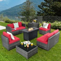 Tangkula 9 Pieces Patio Rattan Furniture Set, Patiojoy Sectional Sofa Set W/Fire Pit Table, Storage Box, Coffee Table, Outdoor Wicker Conversation Set W/ 42??Etl Approved Propane Fire Pit Table (Red)