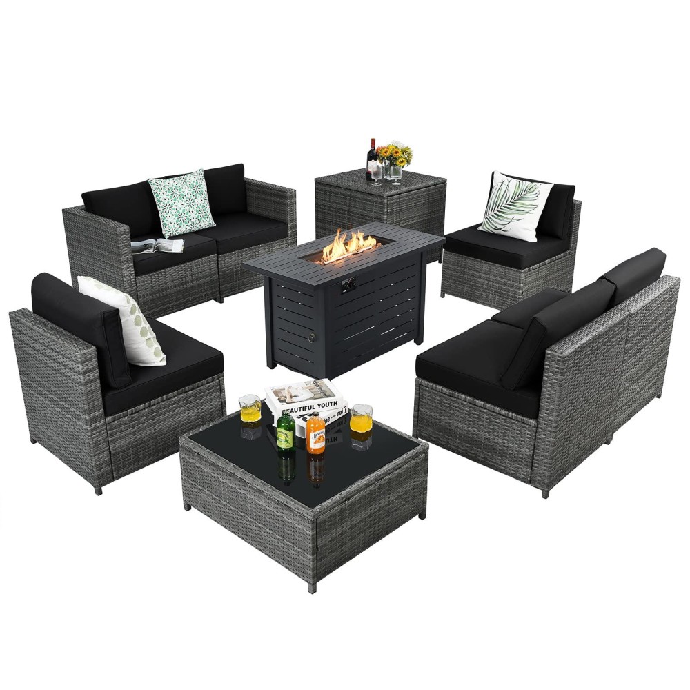 Tangkula 9 Pieces Patio Rattan Furniture Set, Patiojoy Sectional Sofa Set W/Storage Box, Coffee Table, Outdoor Wicker Conversation Set W/ 42??Etl Approved Propane Fire Pit Table (Black)