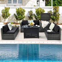 Tangkula 9 Pieces Patio Rattan Furniture Set, Patiojoy Sectional Sofa Set W/Storage Box, Coffee Table, Outdoor Wicker Conversation Set W/ 42??Etl Approved Propane Fire Pit Table (Black)