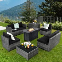 Tangkula 9 Pieces Patio Rattan Furniture Set, Patiojoy Sectional Sofa Set W/Storage Box, Coffee Table, Outdoor Wicker Conversation Set W/ 42??Etl Approved Propane Fire Pit Table (Black)