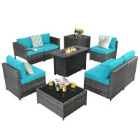 Tangkula 9 Pieces Patio Rattan Furniture Set, Patiojoy Sectional Sofa Set W/Storage Box, Coffee Table, Outdoor Wicker Conversation Set W/ 42??Etl Approved Propane Fire Pit Table (Turquoise)