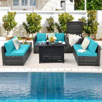 Tangkula 9 Pieces Patio Rattan Furniture Set, Patiojoy Sectional Sofa Set W/Storage Box, Coffee Table, Outdoor Wicker Conversation Set W/ 42??Etl Approved Propane Fire Pit Table (Turquoise)