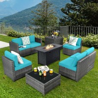 Tangkula 9 Pieces Patio Rattan Furniture Set, Patiojoy Sectional Sofa Set W/Storage Box, Coffee Table, Outdoor Wicker Conversation Set W/ 42??Etl Approved Propane Fire Pit Table (Turquoise)