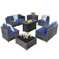 Tangkula 9 Pieces Patio Rattan Furniture Set, Patiojoy Sectional Sofa Set W/Storage Box, Coffee Table, Outdoor Wicker Conversation Set W/ 42??Etl Approved Propane Fire Pit Table (Navy Blue)