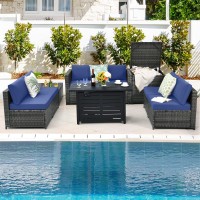 Tangkula 9 Pieces Patio Rattan Furniture Set, Patiojoy Sectional Sofa Set W/Storage Box, Coffee Table, Outdoor Wicker Conversation Set W/ 42??Etl Approved Propane Fire Pit Table (Navy Blue)