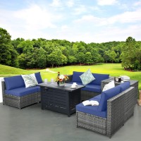 Tangkula 9 Pieces Patio Rattan Furniture Set, Patiojoy Sectional Sofa Set W/Storage Box, Coffee Table, Outdoor Wicker Conversation Set W/ 42??Etl Approved Propane Fire Pit Table (Navy Blue)