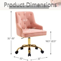 Mojay Modern Mid-Back Velvet Office Chair, Swivel Height-Adjustable Pink Vanity Chair, Cute Comfy Desk Chair With Rivet And Gold Base For Girls