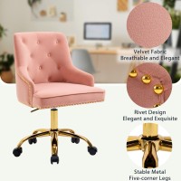 Mojay Modern Mid-Back Velvet Office Chair, Swivel Height-Adjustable Pink Vanity Chair, Cute Comfy Desk Chair With Rivet And Gold Base For Girls