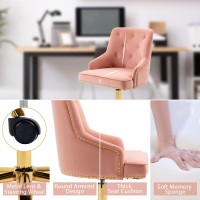 Mojay Modern Mid-Back Velvet Office Chair, Swivel Height-Adjustable Pink Vanity Chair, Cute Comfy Desk Chair With Rivet And Gold Base For Girls