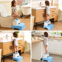 Two Step Stool For Kids, Double Up Baby Child Toddler Stepping Stool For Potty Training,Bathroom Sink,Kitchen,Toilet Stool With Anti-Slip Strips For Safety, Stackable, Wide Step (2 Packs Blue)