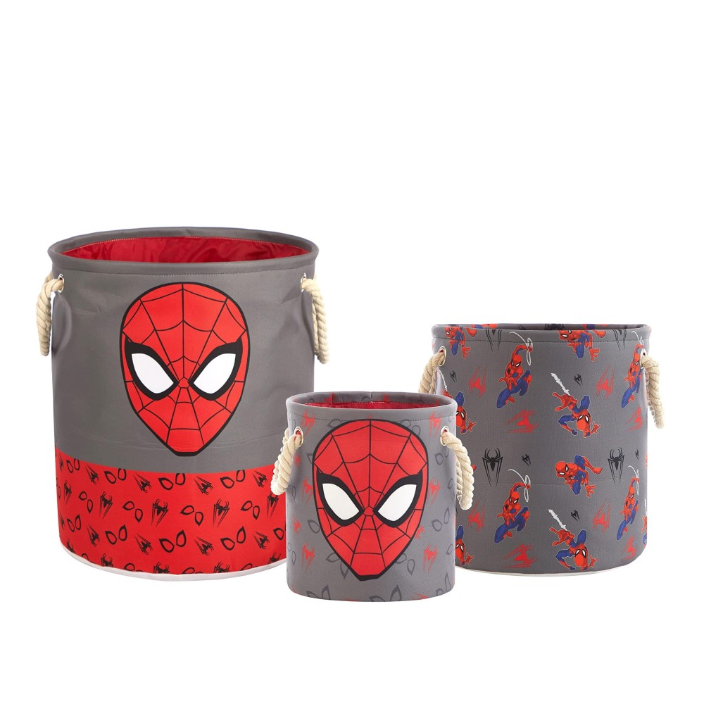 Marvel Spiderman 3 Piece Multi Size Fabric Nestable Toy Storage Basket Set, With Rope Carry Handles