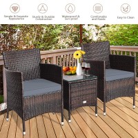 Kotek 3 Piece Patio Furniture Set, Outdoor Wicker Conversation Set W/Glass Top Coffee Table, Thick Cushions, Rattan Bistro Set For Patio, Garden, Porch, Lawn (Grey)