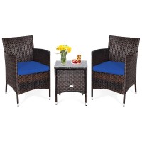 Kotek 3 Piece Patio Furniture Set, Outdoor Wicker Conversation Set W/Glass Top Coffee Table, Thick Cushions, Rattan Bistro Set For Patio, Garden, Porch, Lawn (Navy)