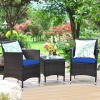 Kotek 3 Piece Patio Furniture Set, Outdoor Wicker Conversation Set W/Glass Top Coffee Table, Thick Cushions, Rattan Bistro Set For Patio, Garden, Porch, Lawn (Navy)