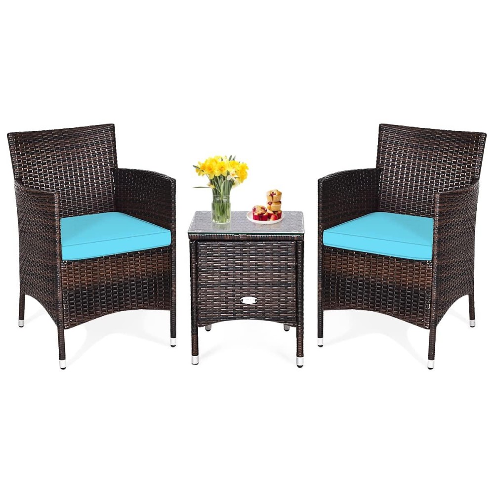 Kotek 3 Piece Patio Furniture Set, Outdoor Wicker Conversation Set W/Glass Top Coffee Table, Thick Cushions, Rattan Bistro Set For Patio, Garden, Porch, Lawn (Blue)