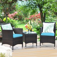 Kotek 3 Piece Patio Furniture Set, Outdoor Wicker Conversation Set W/Glass Top Coffee Table, Thick Cushions, Rattan Bistro Set For Patio, Garden, Porch, Lawn (Blue)