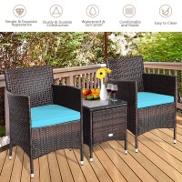 Kotek 3 Piece Patio Furniture Set, Outdoor Wicker Conversation Set W/Glass Top Coffee Table, Thick Cushions, Rattan Bistro Set For Patio, Garden, Porch, Lawn (Blue)