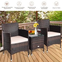 Kotek 3 Piece Patio Furniture Set, Outdoor Wicker Conversation Set W/Glass Top Coffee Table, Thick Cushions, Rattan Bistro Set For Patio, Garden, Porch, Lawn (Beige)