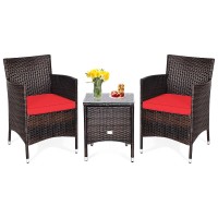 Kotek 3 Piece Patio Furniture Set, Outdoor Wicker Conversation Set W/Glass Top Coffee Table, Thick Cushions, Rattan Bistro Set For Patio, Garden, Porch, Lawn (Red)