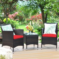 Kotek 3 Piece Patio Furniture Set, Outdoor Wicker Conversation Set W/Glass Top Coffee Table, Thick Cushions, Rattan Bistro Set For Patio, Garden, Porch, Lawn (Red)