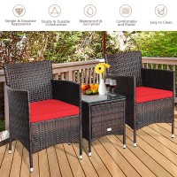 Kotek 3 Piece Patio Furniture Set, Outdoor Wicker Conversation Set W/Glass Top Coffee Table, Thick Cushions, Rattan Bistro Set For Patio, Garden, Porch, Lawn (Red)