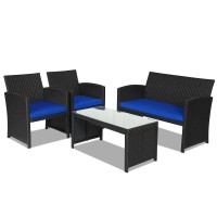 Dortala 4 Pieces Patio Wicker Conversation Furniture Set, Outdoor Rattan Sofas With Bistro Sets With Coffee Table For Courtyard Balcony Wicker Chairs With Soft Cushion And Table, Navy